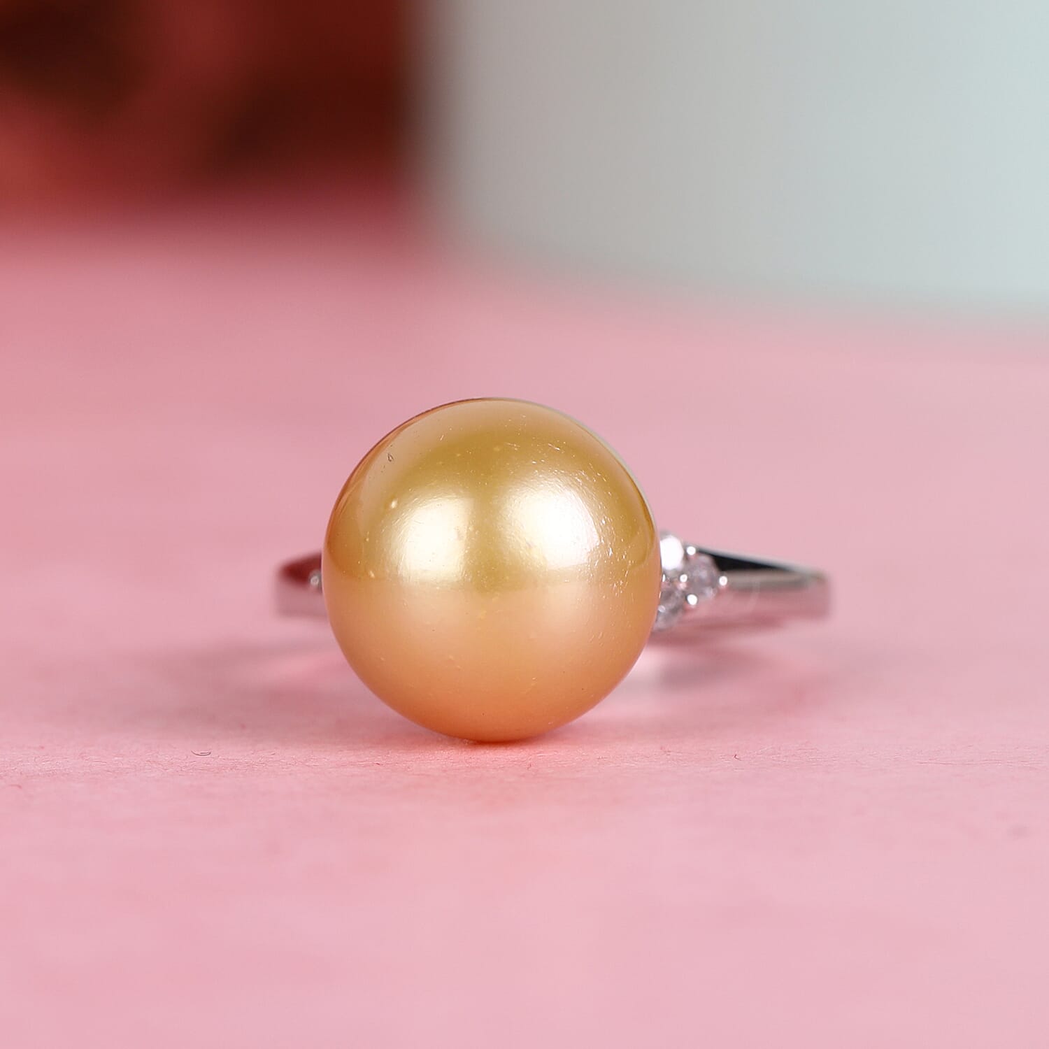Golden South Sea Pearl and Diamond Ring in Platinum Overlay Sterling Silver