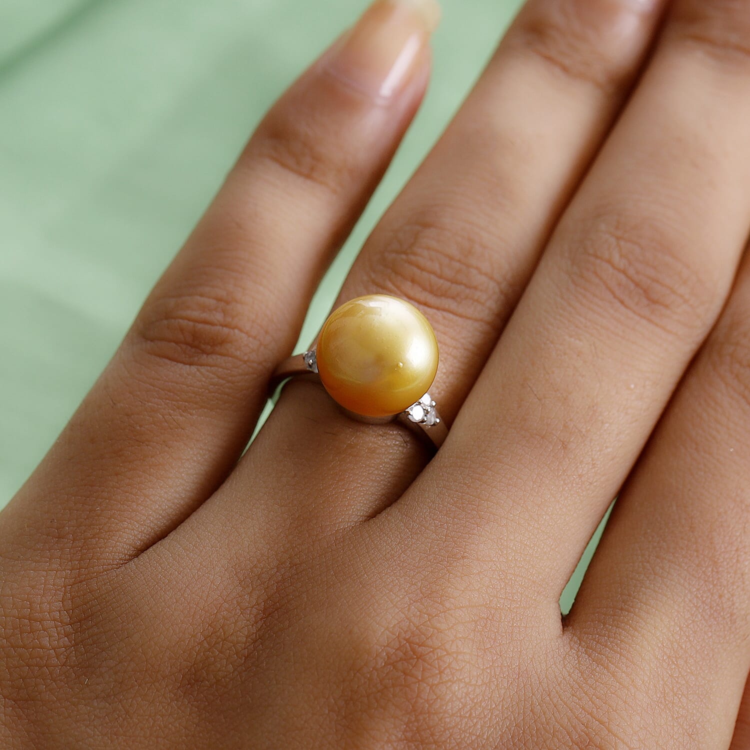 Golden South Sea Pearl and Diamond Ring in Platinum Overlay Sterling Silver
