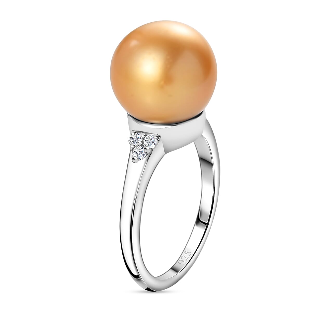 Golden South Sea Pearl and Diamond Ring in Platinum Overlay Sterling Silver