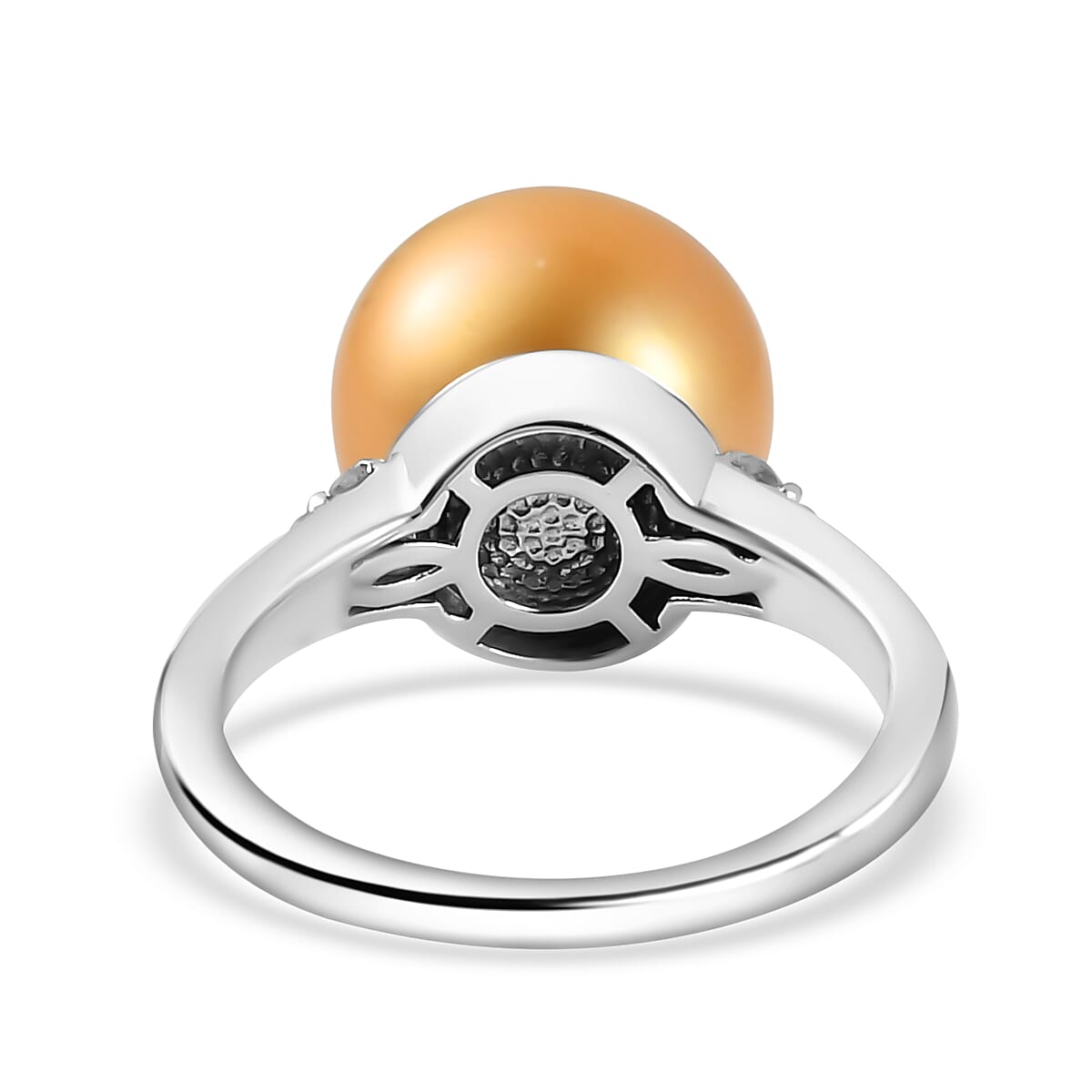 Golden South Sea Pearl and Diamond Ring in Platinum Overlay Sterling Silver