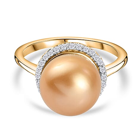 9K Yellow Gold Golden AAA South Sea Pearl and Diamond Ring