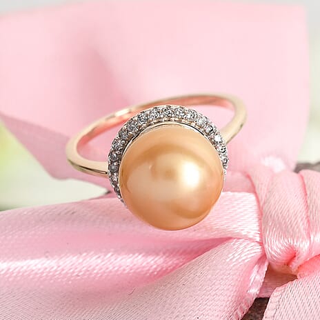 9K Yellow Gold Golden AAA South Sea Pearl and Diamond Ring