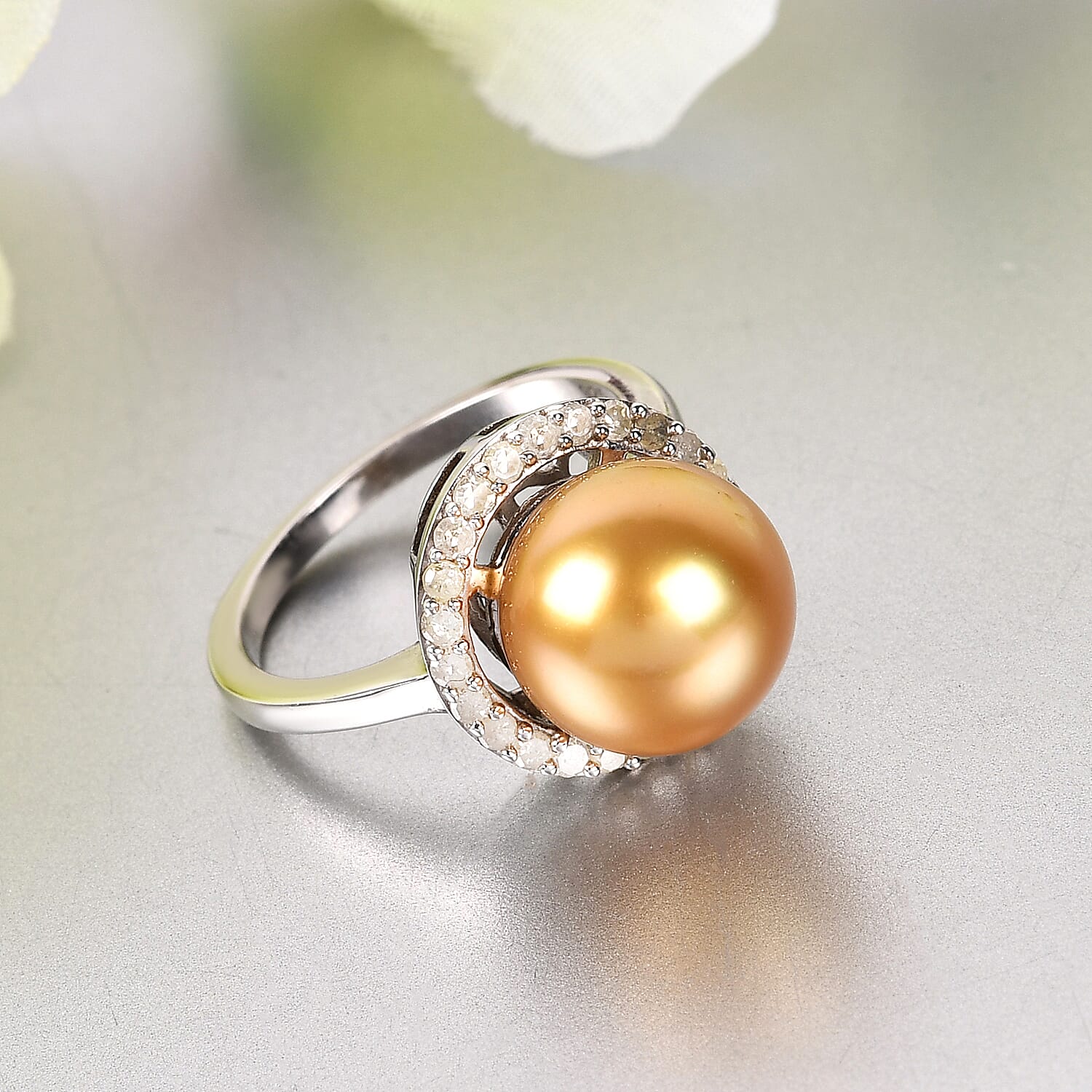 Golden South Sea Pearl and Diamond Ring in Platinum Overlay Sterling Silver