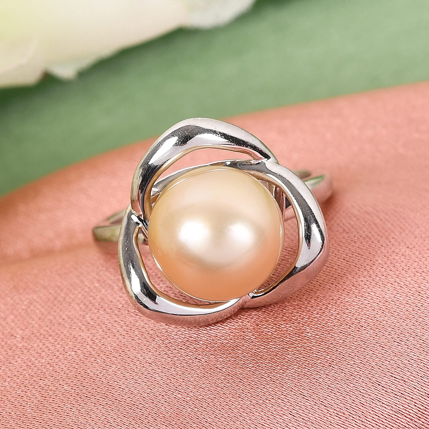 Golden South Sea Pearl Ring in Platinum Overlay Sterling Silver