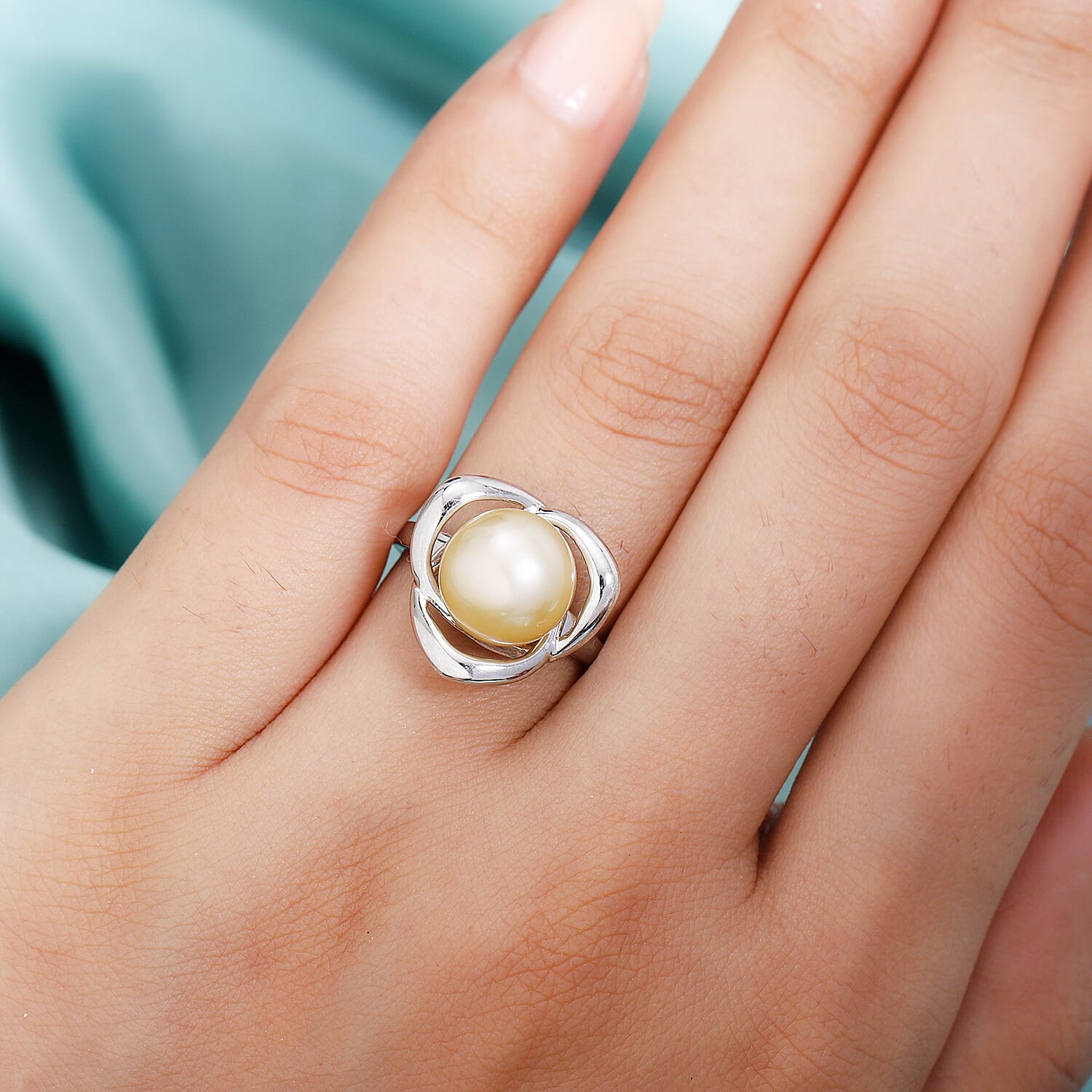 Golden South Sea Pearl Ring in Platinum Overlay Sterling Silver