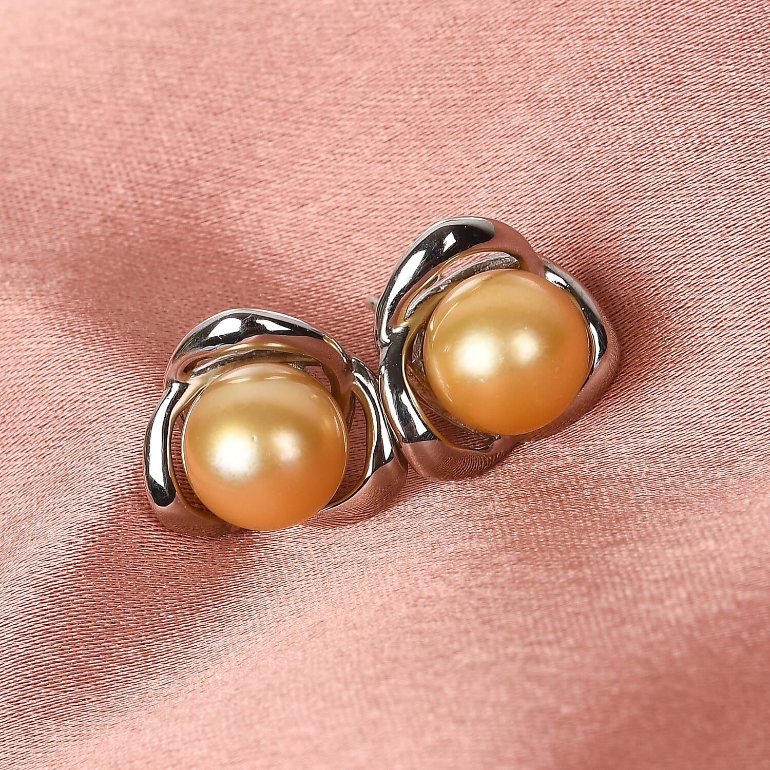 Golden South Sea Pearl Stud Earrings (With Push Back) in Platinum Overlay Sterling Silver