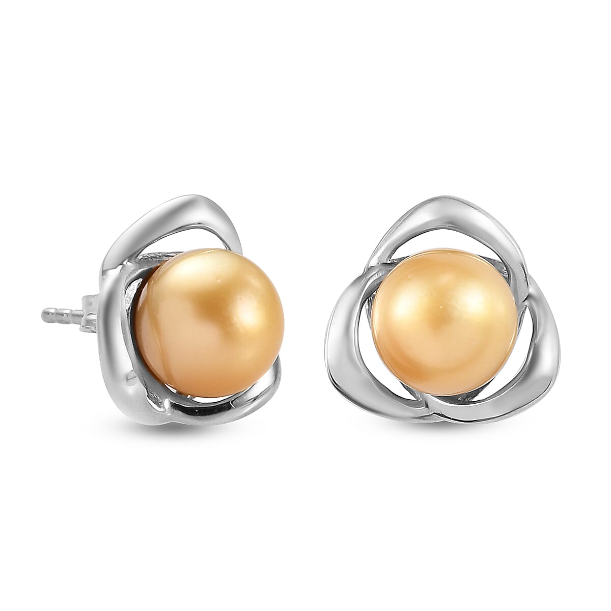 Golden South Sea Pearl Stud Earrings (With Push Back) in Platinum Overlay Sterling Silver