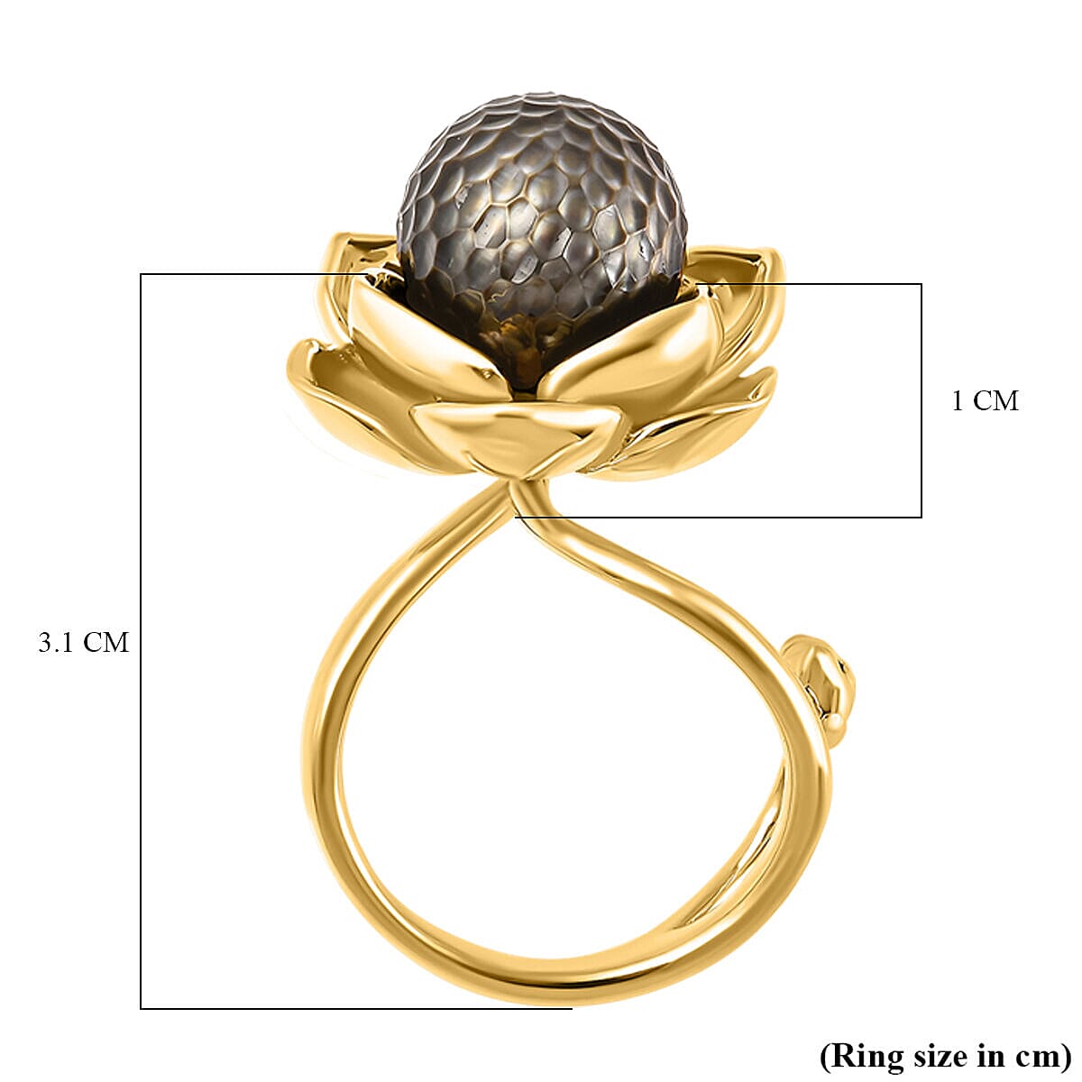 Galatea Pearl - Tahiti Pearl Lotus Ring in Vermeil Yellow Gold Plated Sterling Silver 11.25 Ct, Silver Wt. 9.70 Gms.