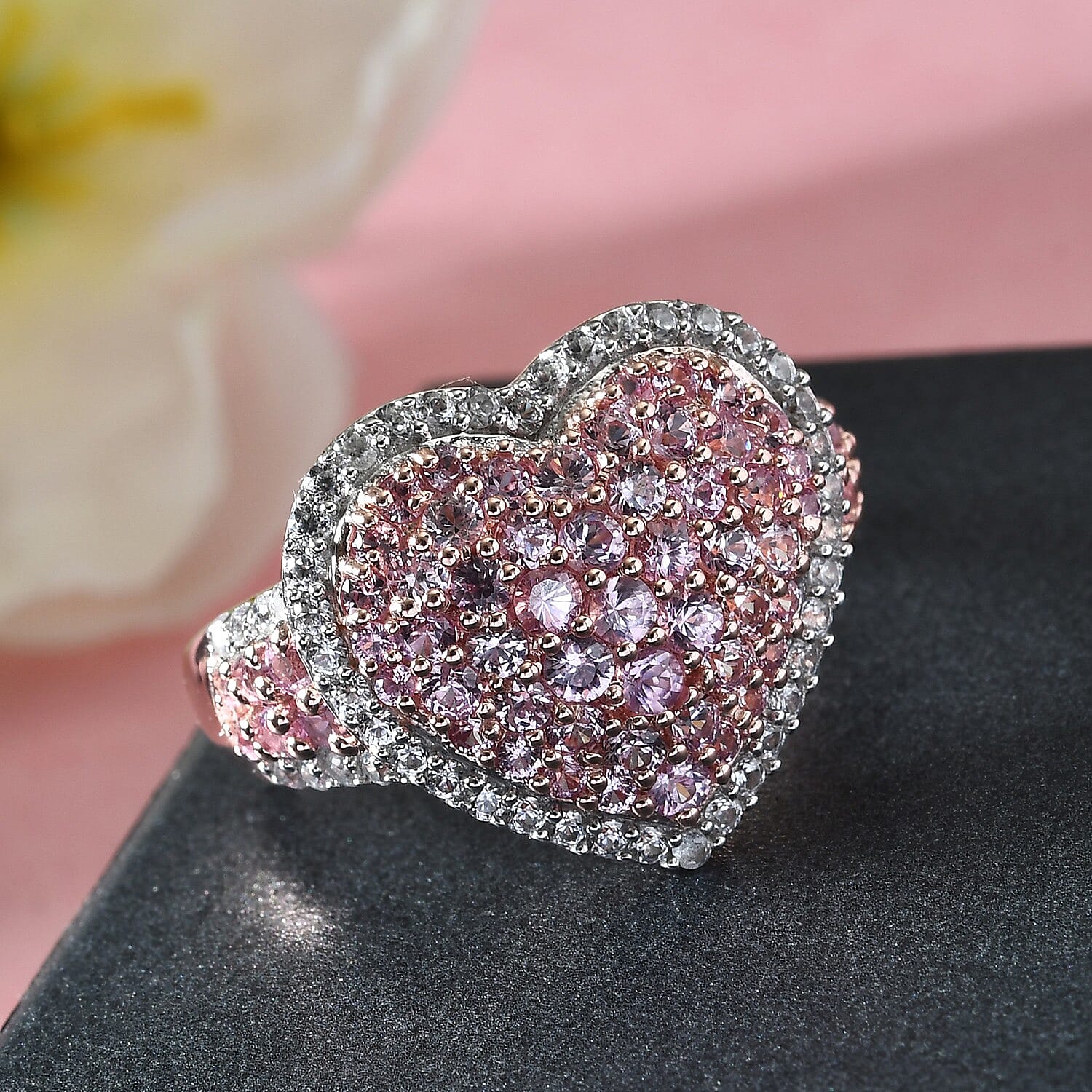Pink Sapphire Heart Cluster Ring in Rose Gold Overlay Sterling Silver 3.16 Ct.