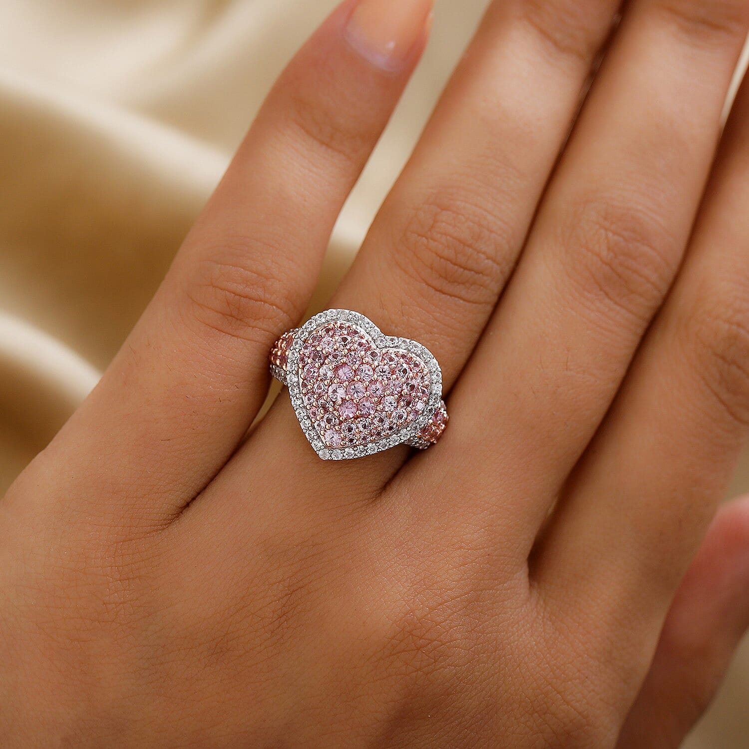 Pink Sapphire Heart Cluster Ring in Rose Gold Overlay Sterling Silver 3.16 Ct.