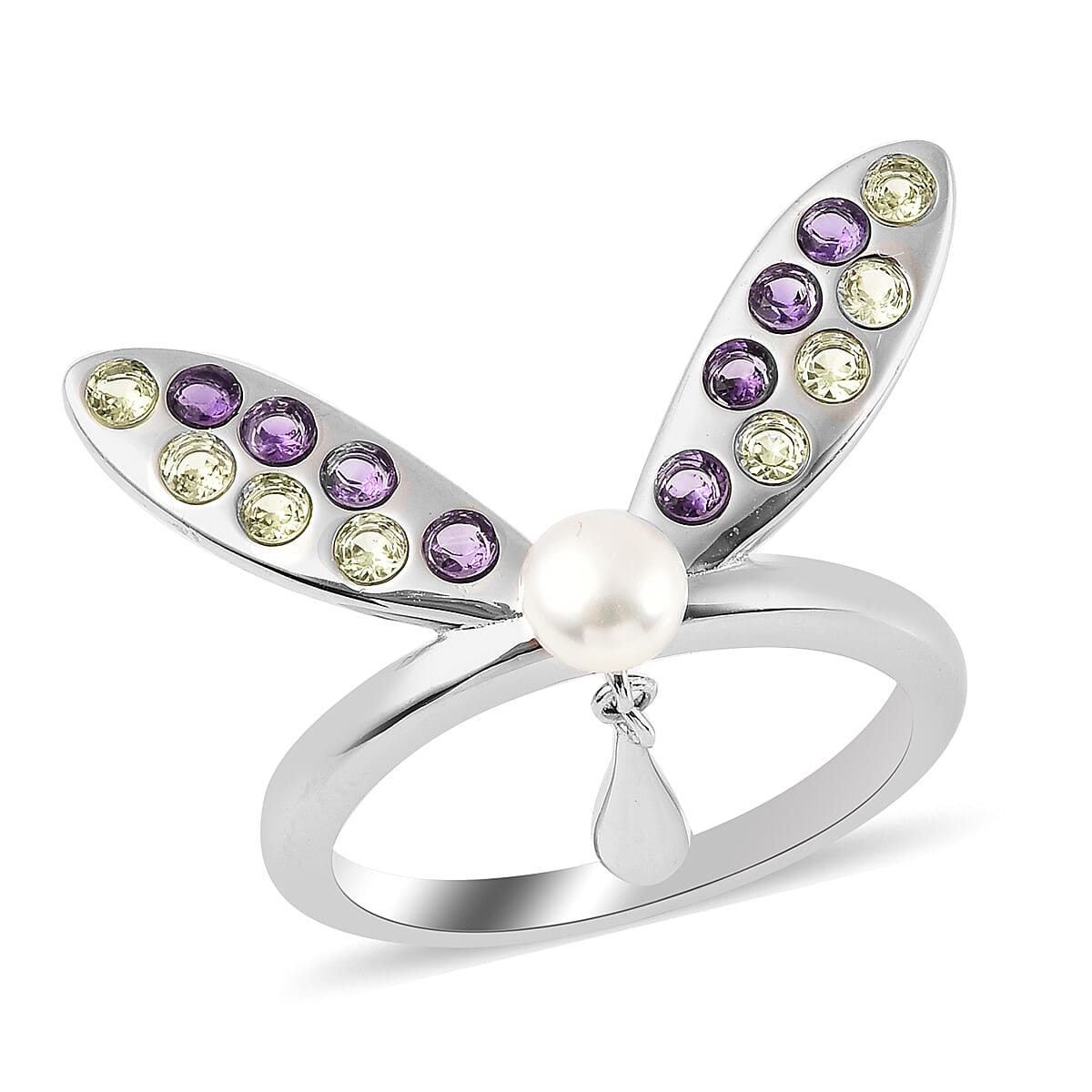 LucyQ Dragonfly Collection - Freshwater White Pearl, Hebei Peridot and Amethyst Ring in Rhodium Overlay Sterling Silver 1.120 Ct.