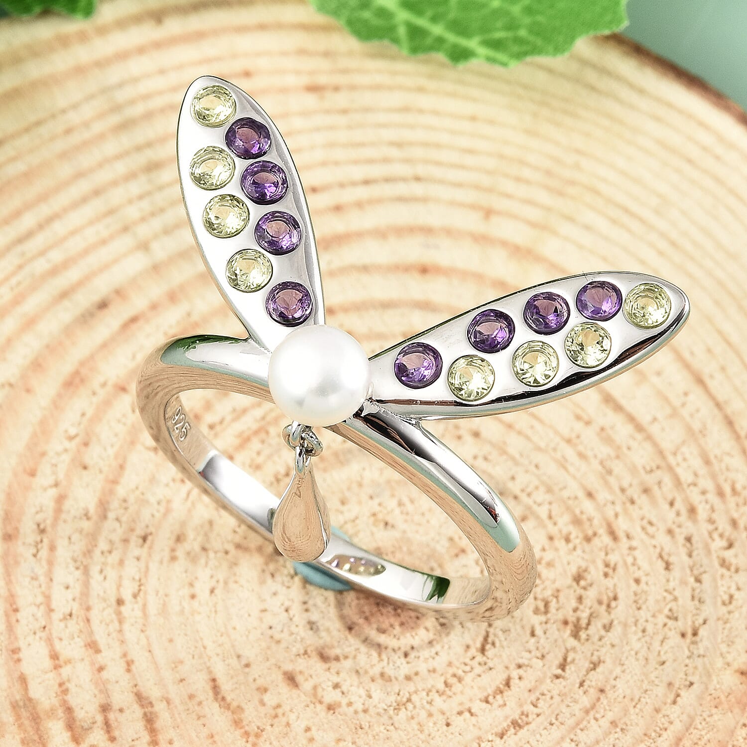 LucyQ Dragonfly Collection - Freshwater White Pearl, Hebei Peridot and Amethyst Ring in Rhodium Overlay Sterling Silver 1.120 Ct.