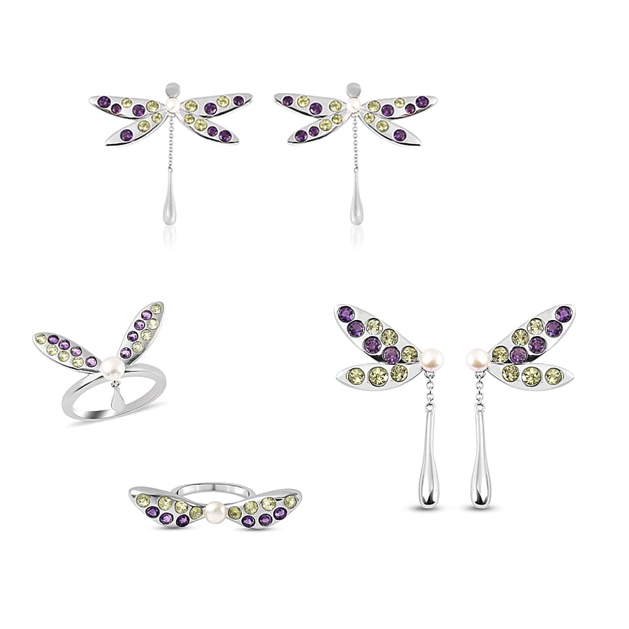 LucyQ Dragonfly Collection - Freshwater White Pearl, Hebei Peridot and Amethyst Ring in Rhodium Overlay Sterling Silver 1.120 Ct.