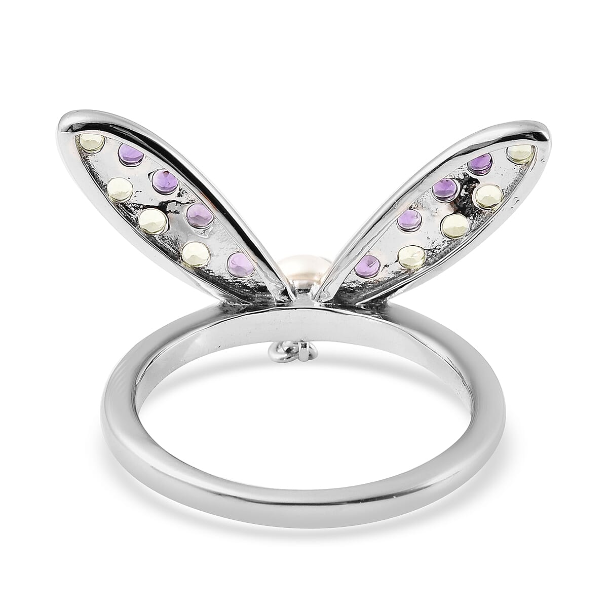 LucyQ Dragonfly Collection - Freshwater White Pearl, Hebei Peridot and Amethyst Ring in Rhodium Overlay Sterling Silver 1.120 Ct.