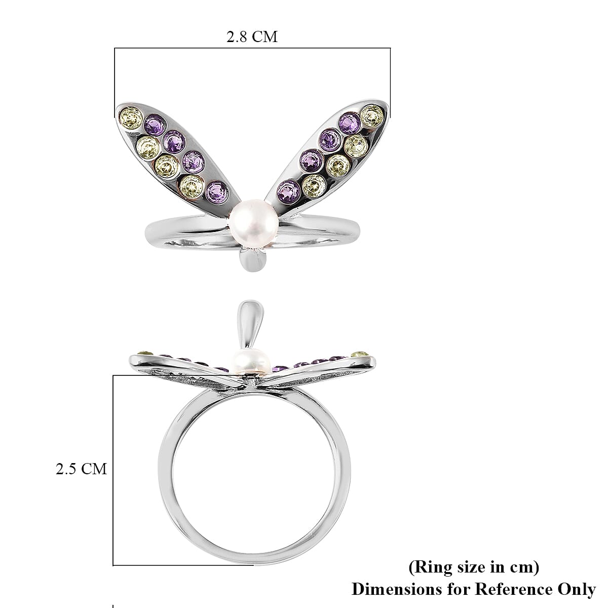 LucyQ Dragonfly Collection - Freshwater White Pearl, Hebei Peridot and Amethyst Ring in Rhodium Overlay Sterling Silver 1.120 Ct.