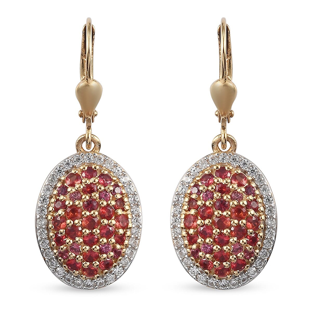 Red Sapphire and Natural Cambodian Zircon Cluster Earrings (with Lever Back) in 14K Gold Overlay Sterling Silver 2.52 Ct.