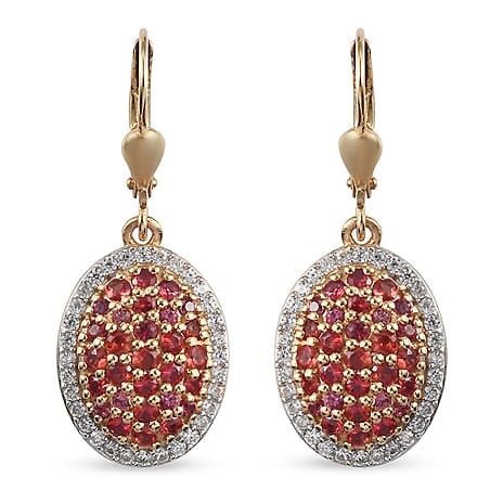 Red Sapphire and Natural Cambodian Zircon Cluster Earrings (with Lever Back) in 14K Gold Overlay Sterling Silver 2.52 Ct.