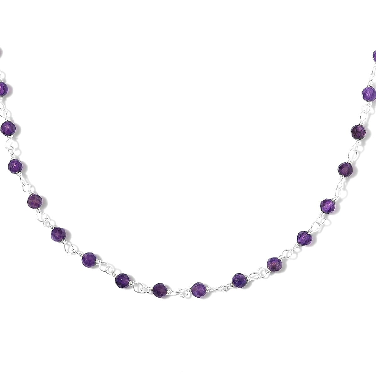 One Time Deal- Faceted Amethyst Station Beads Necklace (Size 18) in Sterling Silver 9.80 Ct.