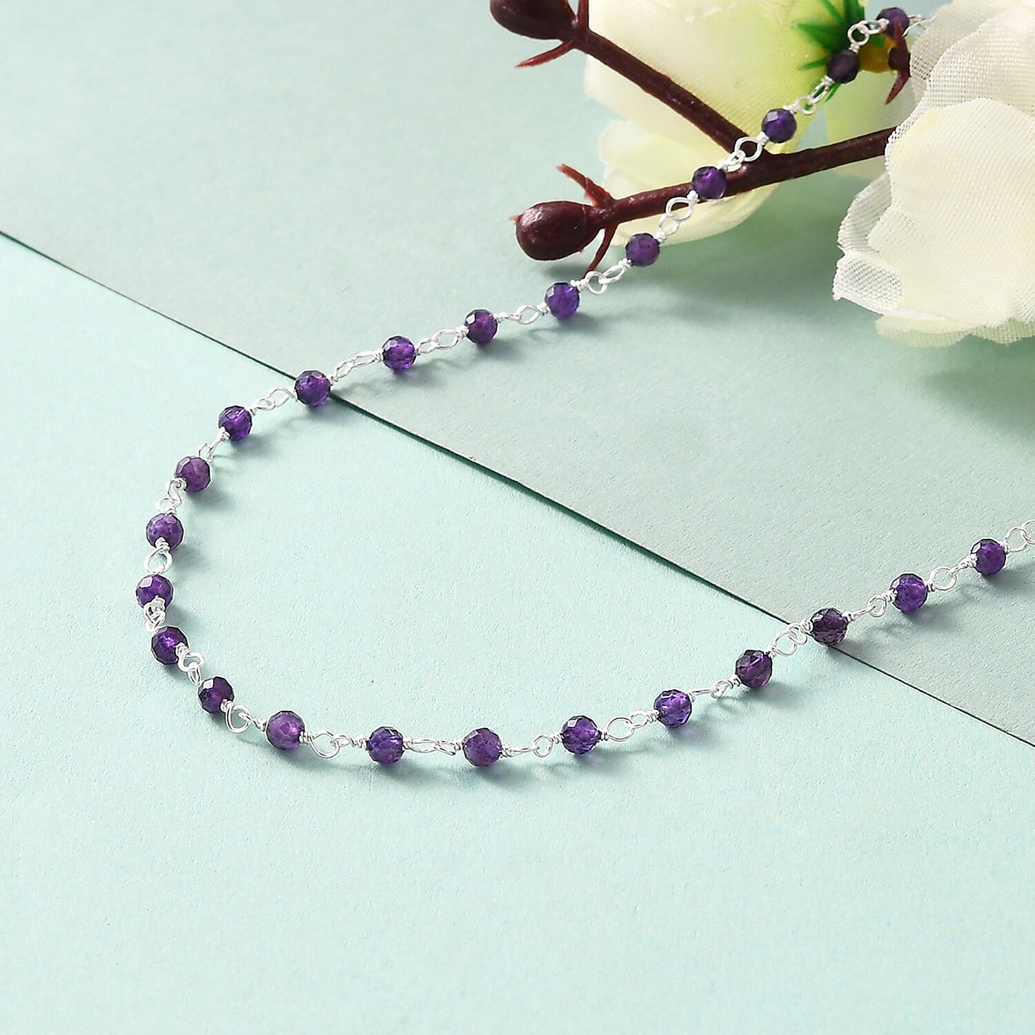 One Time Deal- Faceted Amethyst Station Beads Necklace (Size 18) in Sterling Silver 9.80 Ct.