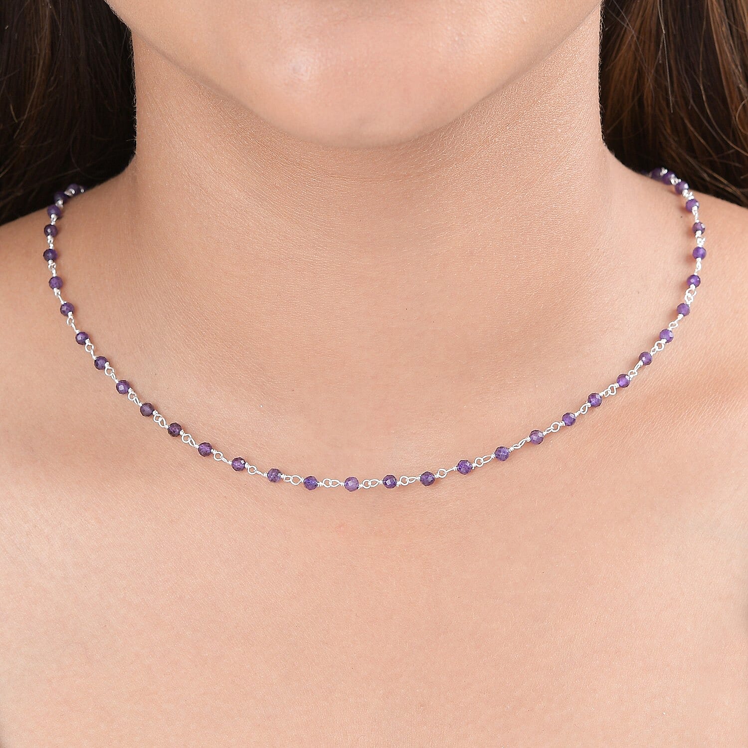 One Time Deal- Faceted Amethyst Station Beads Necklace (Size 18) in Sterling Silver 9.80 Ct.