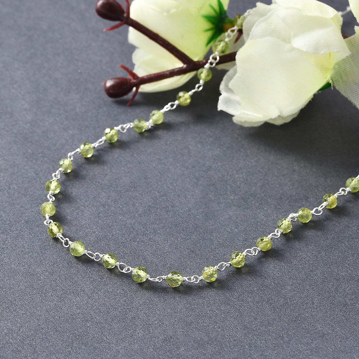 One Time Deal-  Faceted Natural Hebei Peridot Station Necklace (Size 18) in Sterling Silver 18.50 Ct.