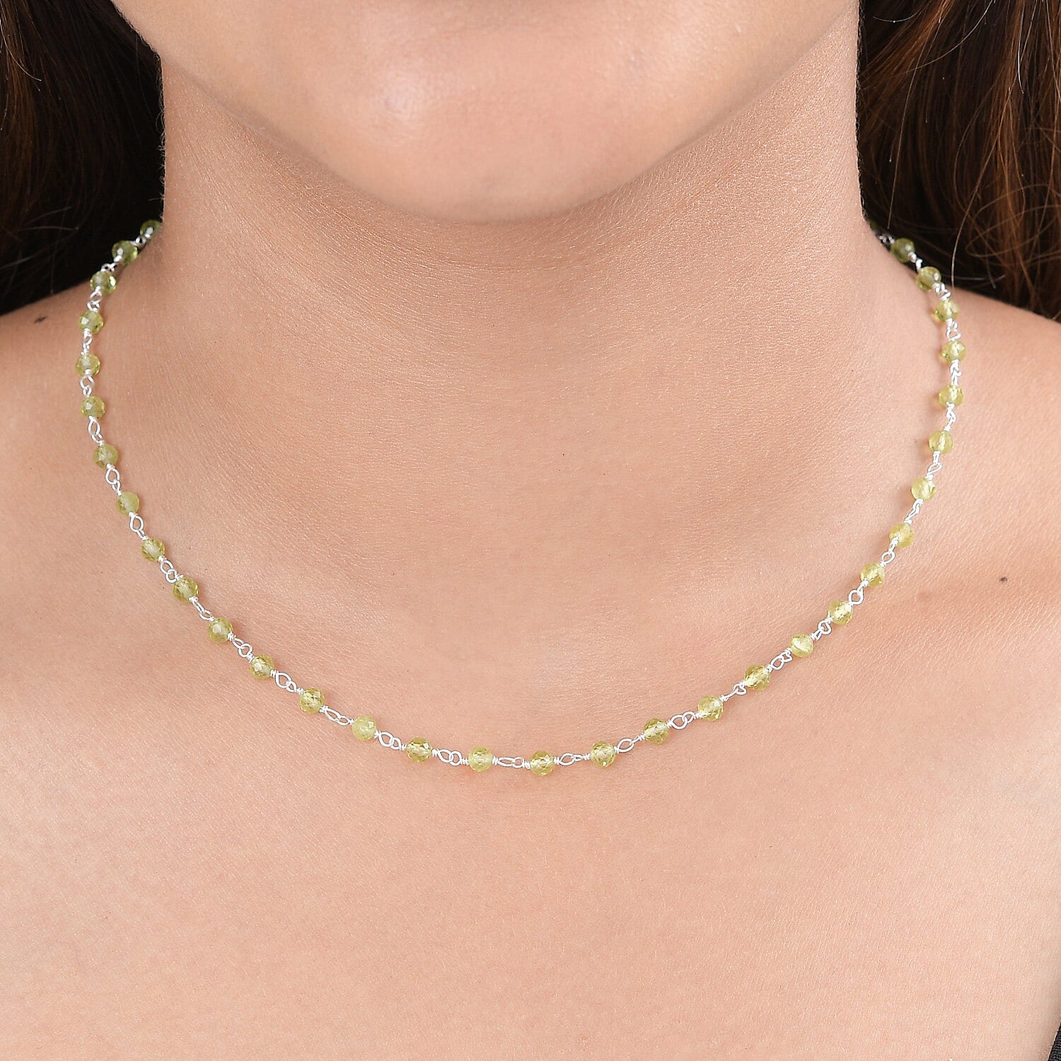 One Time Deal-  Faceted Natural Hebei Peridot Station Necklace (Size 18) in Sterling Silver 18.50 Ct.