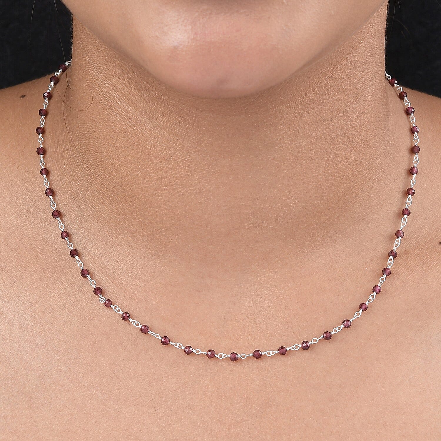 One Time Deal-  Faceted Rhodolite Garnet Station Beads Necklace (Size 18) in Sterling Silver 12.50 Ct.