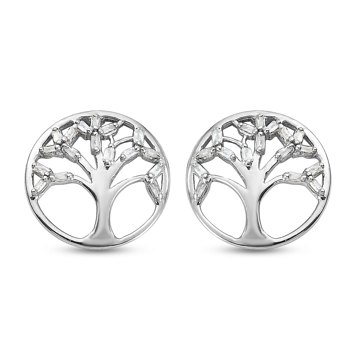 Diamond Tree Of Life Earrings (with Push Back) in Platinum Overlay Sterling Silver 0.17 Ct.