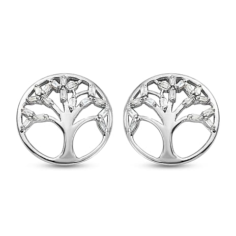 Diamond Tree Of Life Earrings (with Push Back) in Platinum Overlay Sterling Silver 0.17 Ct.