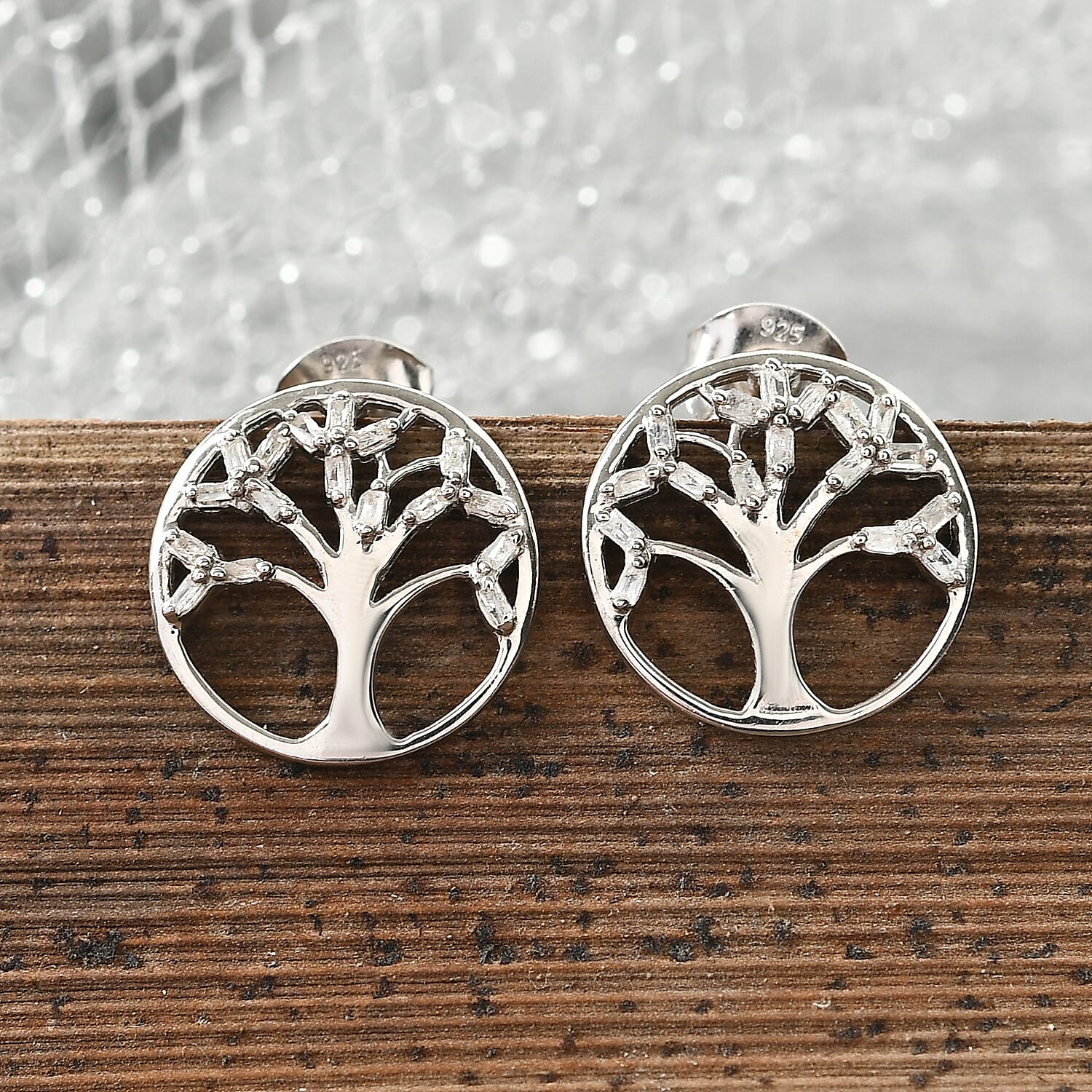 Diamond Tree Of Life Earrings (with Push Back) in Platinum Overlay Sterling Silver 0.17 Ct.