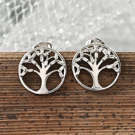 Diamond Tree Of Life Earrings (with Push Back) in Platinum Overlay Sterling Silver 0.17 Ct.