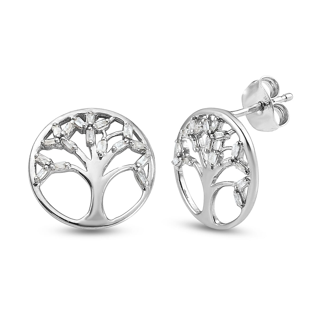 Diamond Tree Of Life Earrings (with Push Back) in Platinum Overlay Sterling Silver 0.17 Ct.