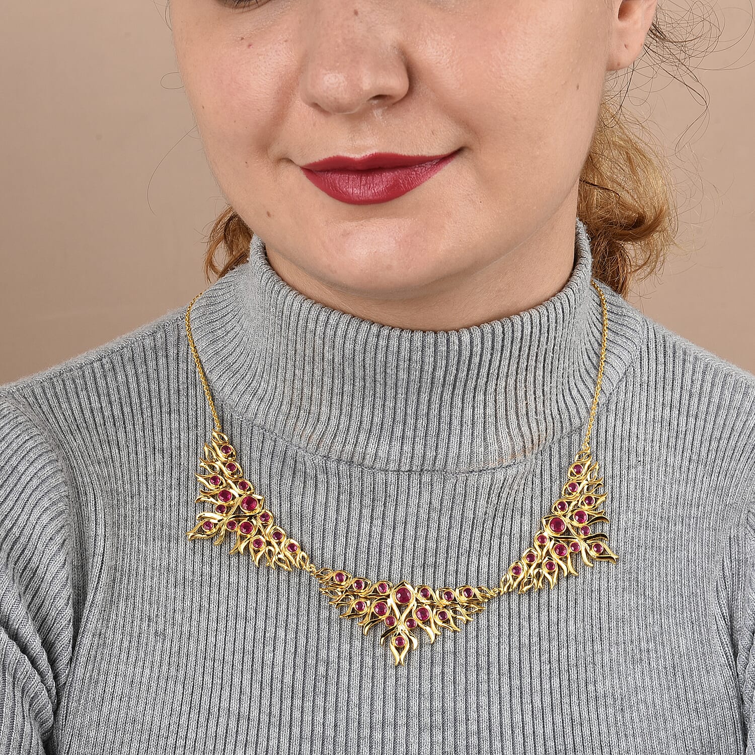 LucyQ Flame Collection -  African Ruby (FF) Necklace (Size 20) in Yellow Gold Overlay Sterling Silver 10.23 Ct, Silver Wt 33.54 Gms