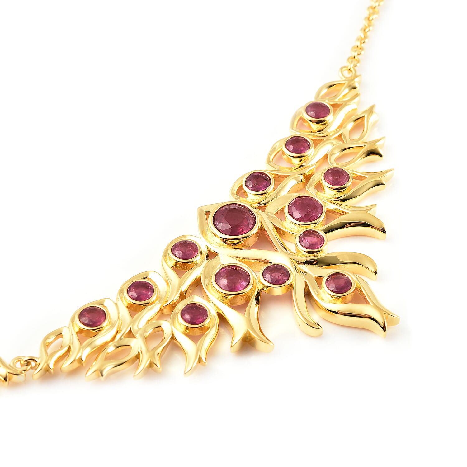 LucyQ Flame Collection -  African Ruby (FF) Necklace (Size 20) in Yellow Gold Overlay Sterling Silver 10.23 Ct, Silver Wt 33.54 Gms