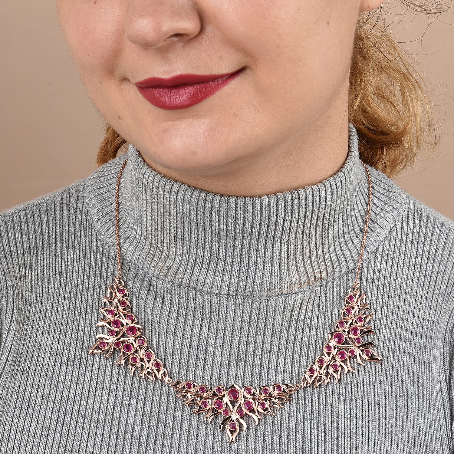 LucyQ Flame Collection -  African Ruby (FF) Necklace (Size 20) in Rose Gold Overlay Sterling Silver 10.23 Ct, Silver Wt 34.03 Gms