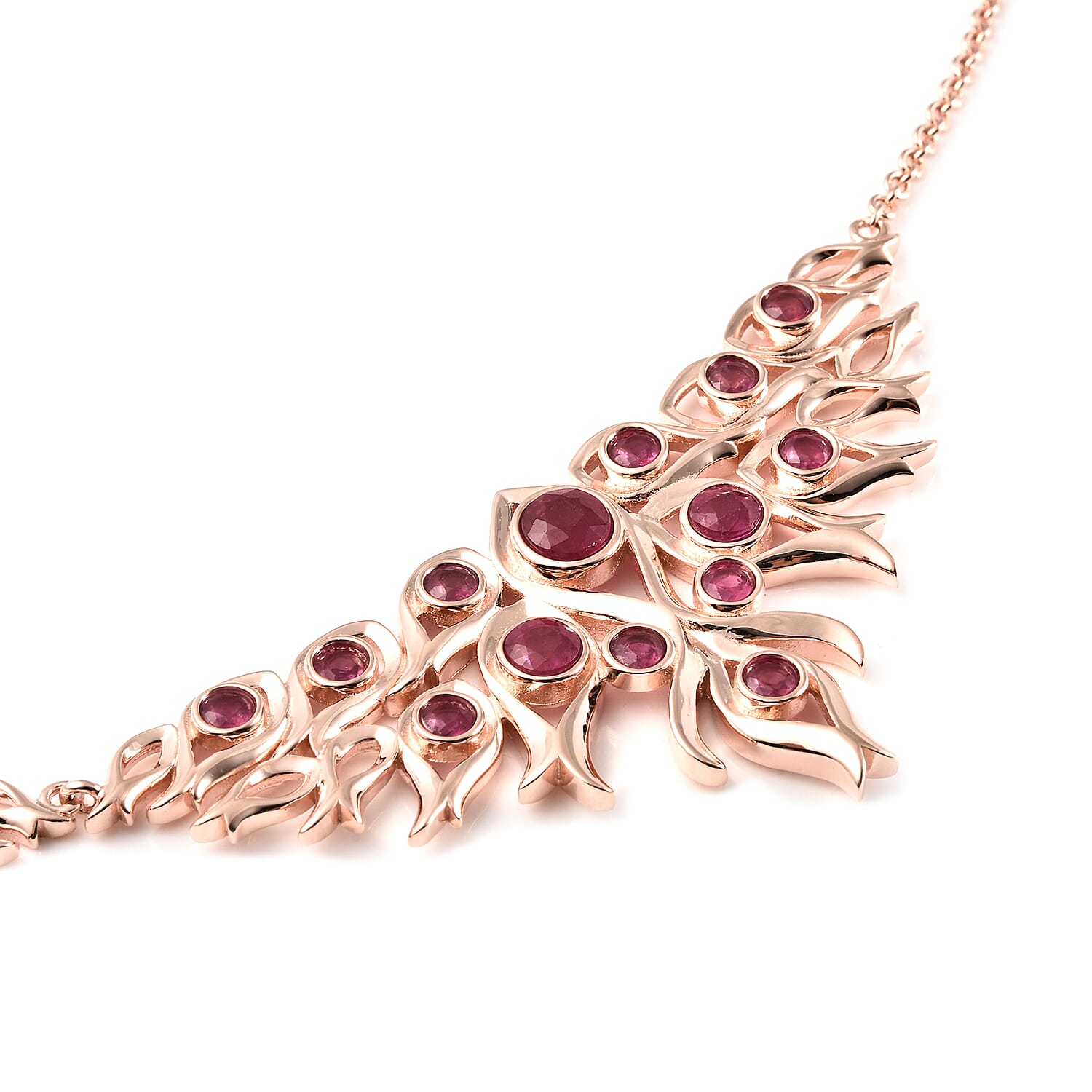 LucyQ Flame Collection -  African Ruby (FF) Necklace (Size 20) in Rose Gold Overlay Sterling Silver 10.23 Ct, Silver Wt 34.03 Gms