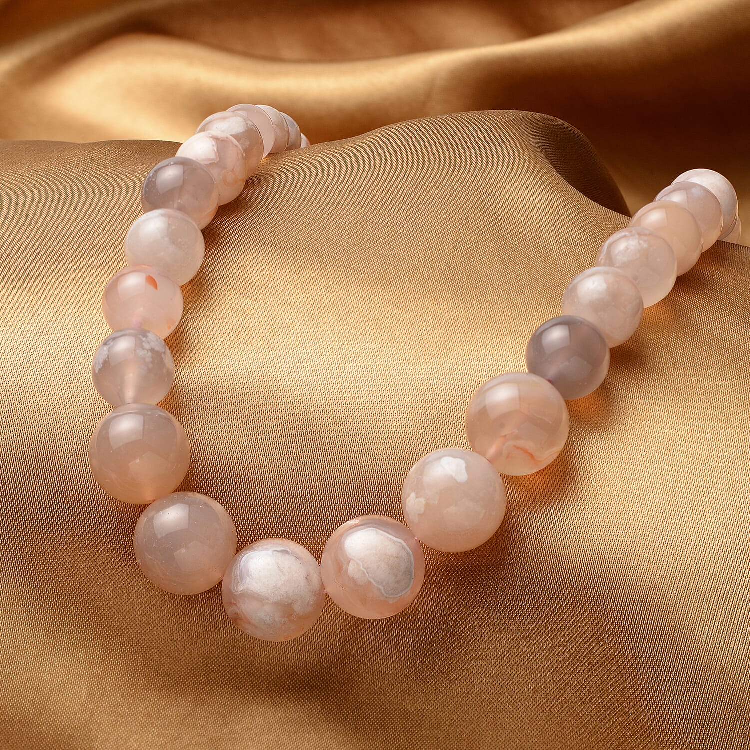 Cherry Blossom Agate Beads Necklace (Size - 20) in Rhodium Overlay Sterling Silver 489.50 Ct.  with Magnetic Clasp