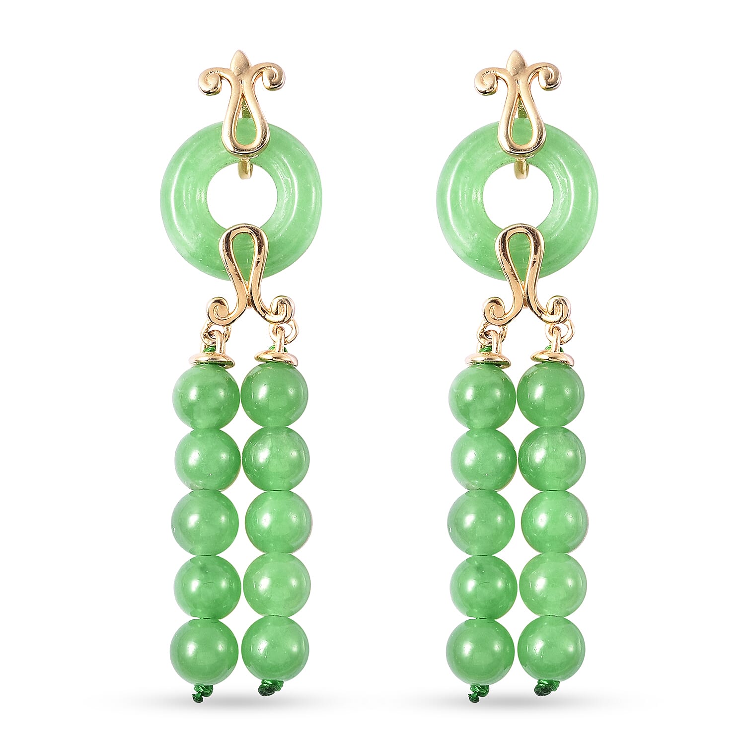 Green Jade Beads Dangle Earrings in Sterling Silver 45.70 Ct