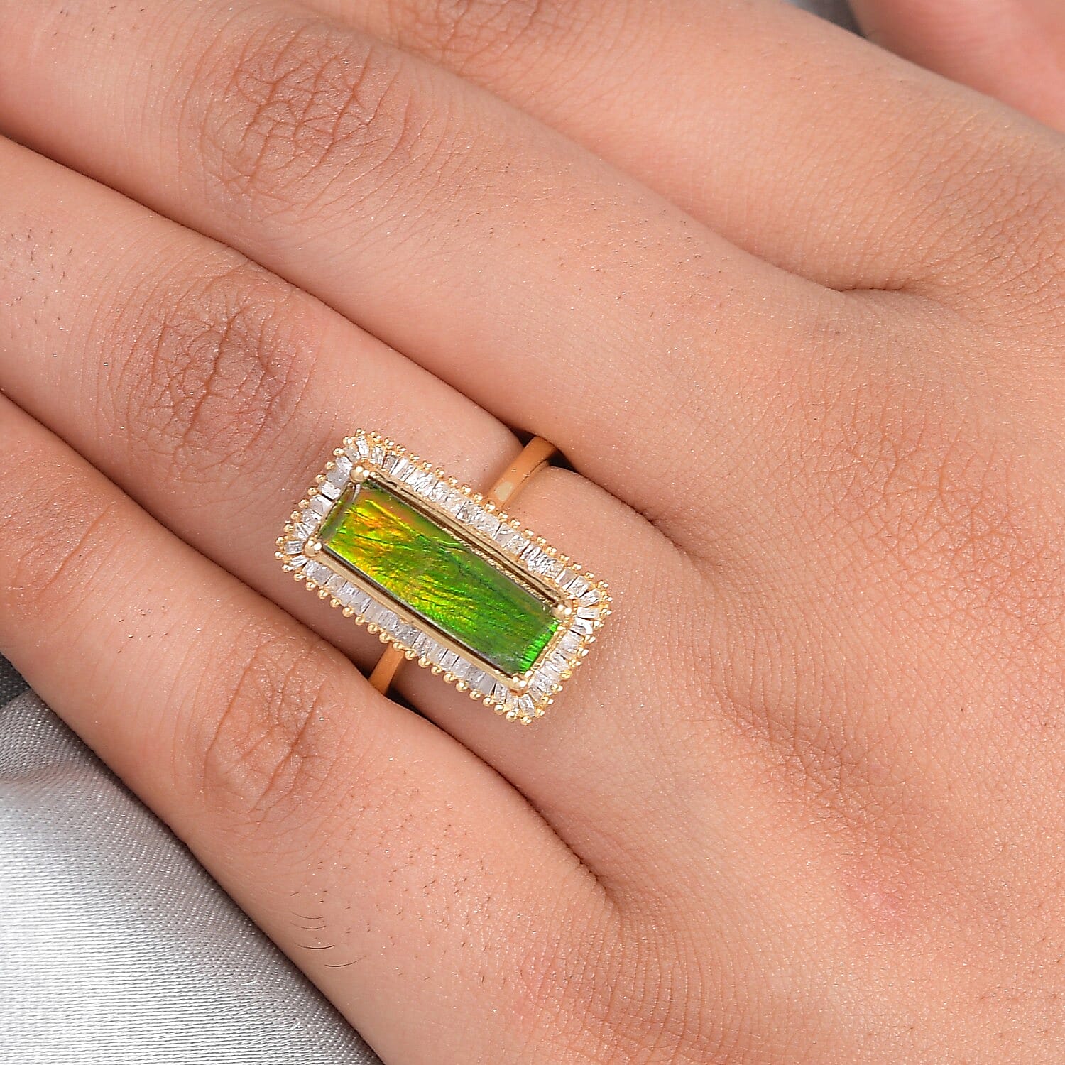 Canadian Ammolite and Diamond Ring in 14K Gold Overlay Sterling Silver 2.56 Ct.