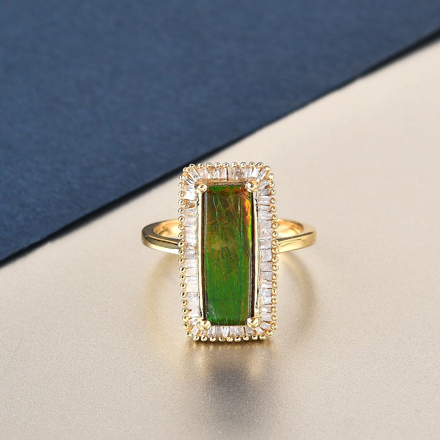 Canadian Ammolite and Diamond Ring in 14K Gold Overlay Sterling Silver 2.56 Ct.