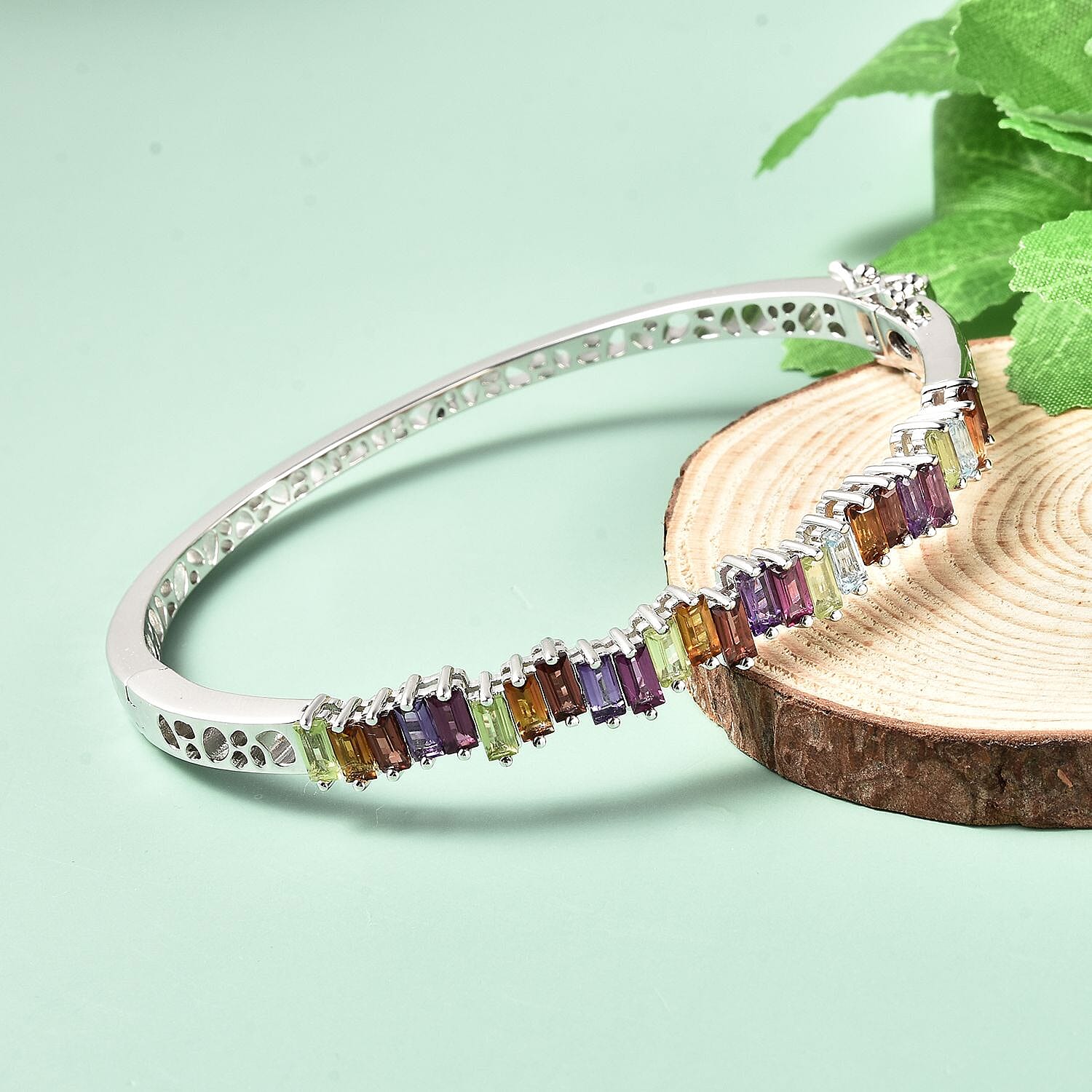 RACHEL GALLEY Forte Lattice Collection - Skyblue Topaz and Multi Gemstones Bangle (Size 7.5) in Rhodium Overlay Sterling Silver 6.15 Ct, Silver Wt. 20.00 Gms