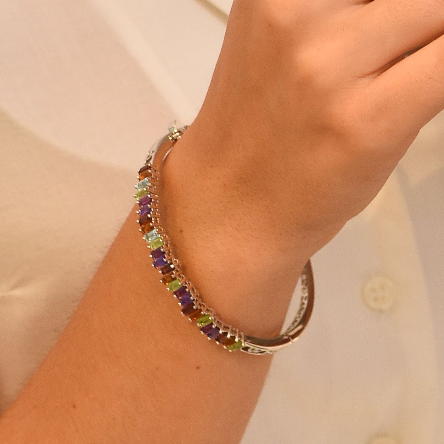 RACHEL GALLEY Forte Lattice Collection - Skyblue Topaz and Multi Gemstones Bangle (Size 7.5) in Rhodium Overlay Sterling Silver 6.15 Ct, Silver Wt. 20.00 Gms