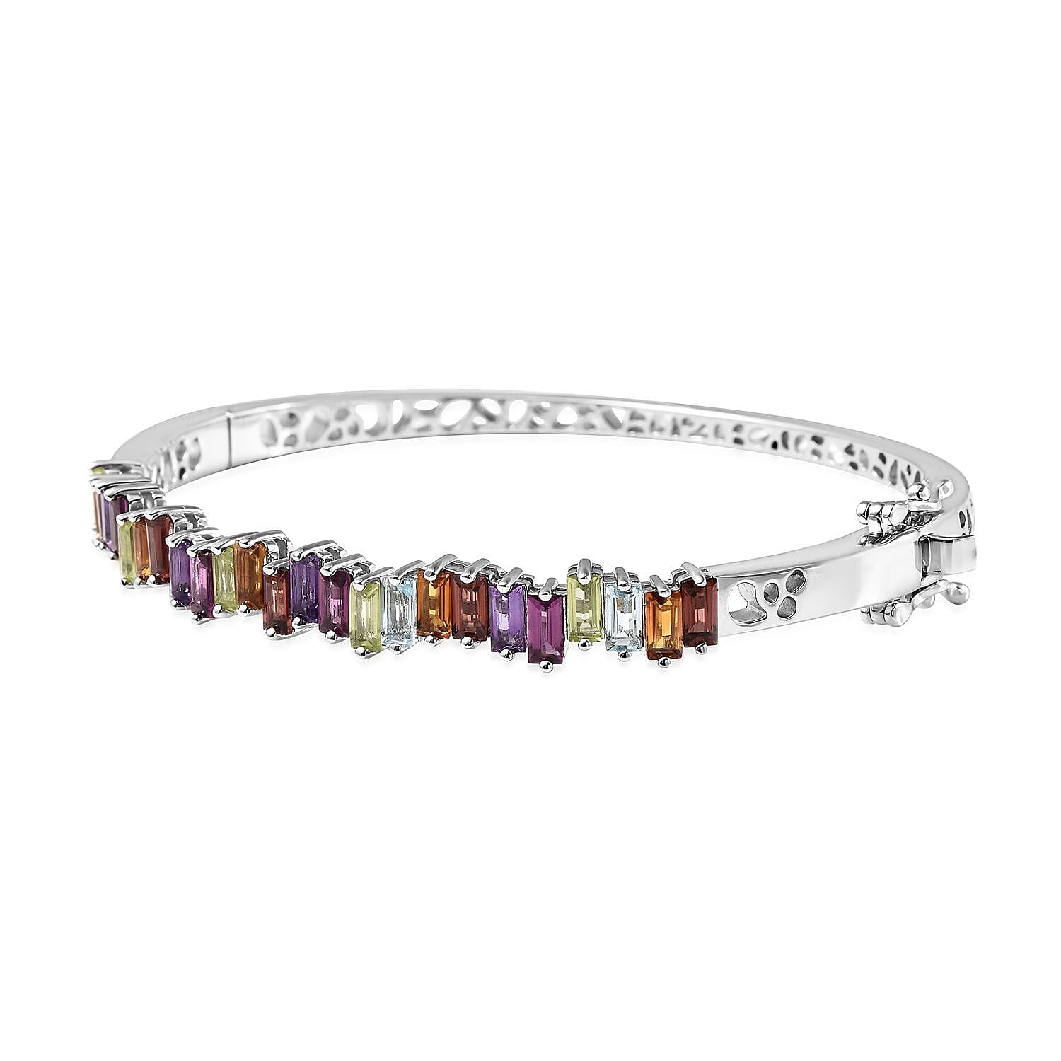 RACHEL GALLEY Forte Lattice Collection - Skyblue Topaz and Multi Gemstones Bangle (Size 7.5) in Rhodium Overlay Sterling Silver 6.15 Ct, Silver Wt. 20.00 Gms