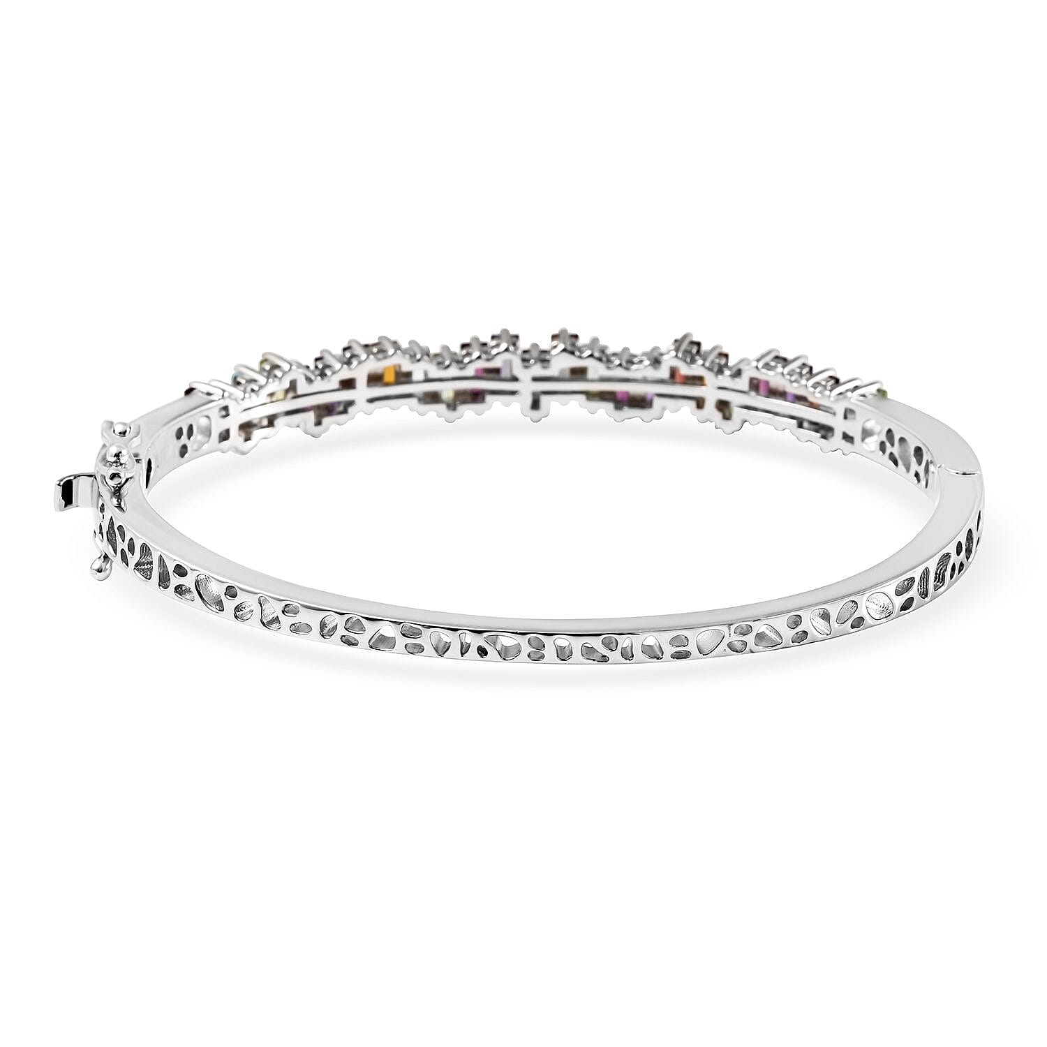 RACHEL GALLEY Forte Lattice Collection - Skyblue Topaz and Multi Gemstones Bangle (Size 7.5) in Rhodium Overlay Sterling Silver 6.15 Ct, Silver Wt. 20.00 Gms