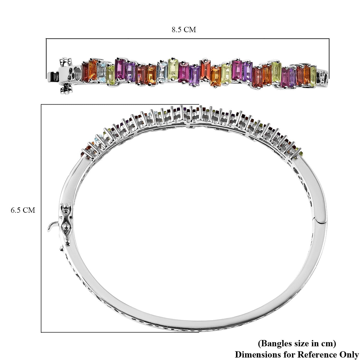 RACHEL GALLEY Forte Lattice Collection - Skyblue Topaz and Multi Gemstones Bangle (Size 7.5) in Rhodium Overlay Sterling Silver 6.15 Ct, Silver Wt. 20.00 Gms