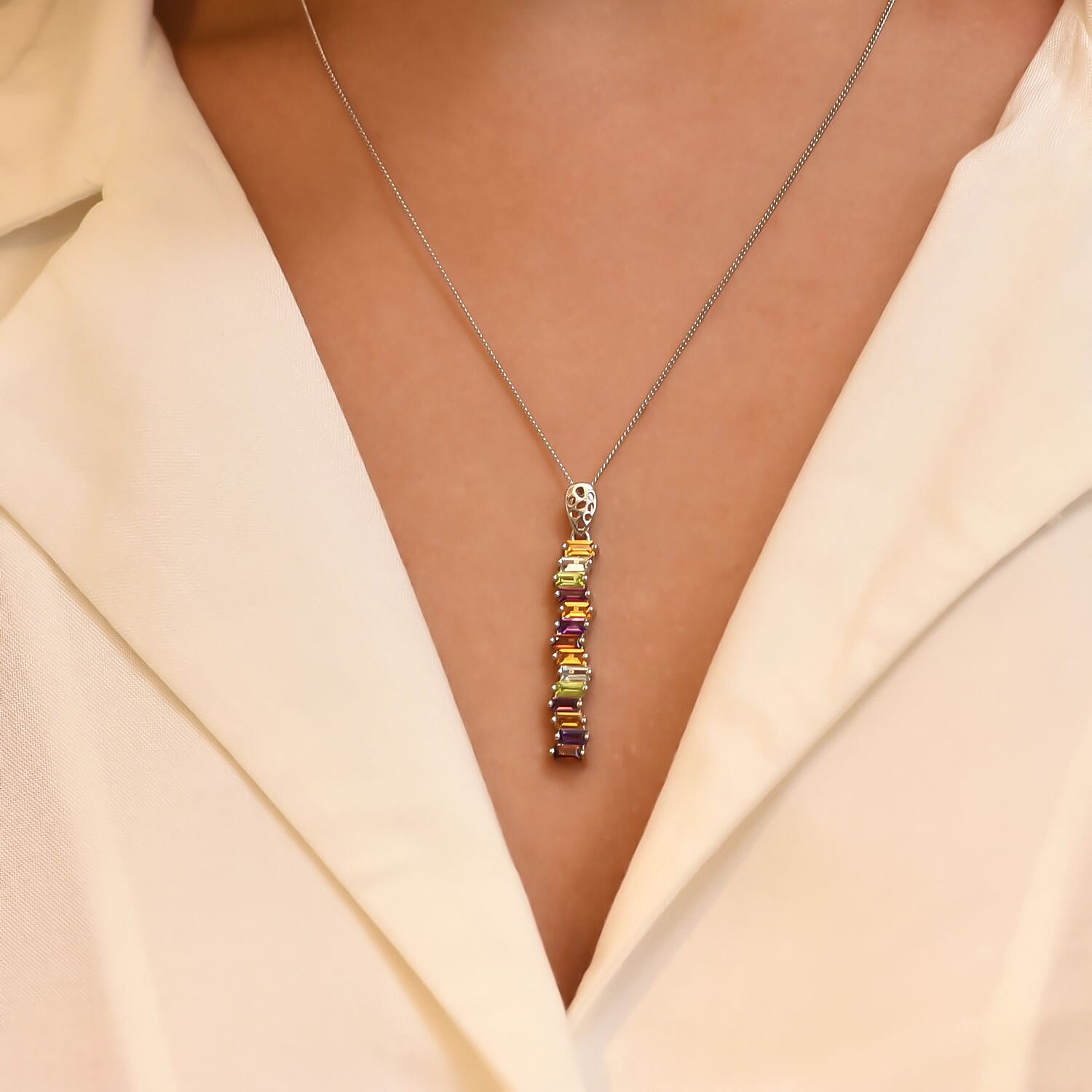 RACHEL GALLEY Forte Lattice Collection - Rhodolite Garnet and Multi Gemstones Pendant with Chain (20/22/24) in Rhodium Overlay Sterling Silver 1.85 Ct.