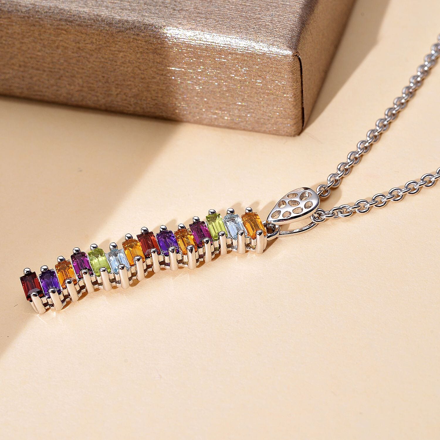 RACHEL GALLEY Forte Lattice Collection - Rhodolite Garnet and Multi Gemstones Pendant with Chain (20/22/24) in Rhodium Overlay Sterling Silver 1.85 Ct.