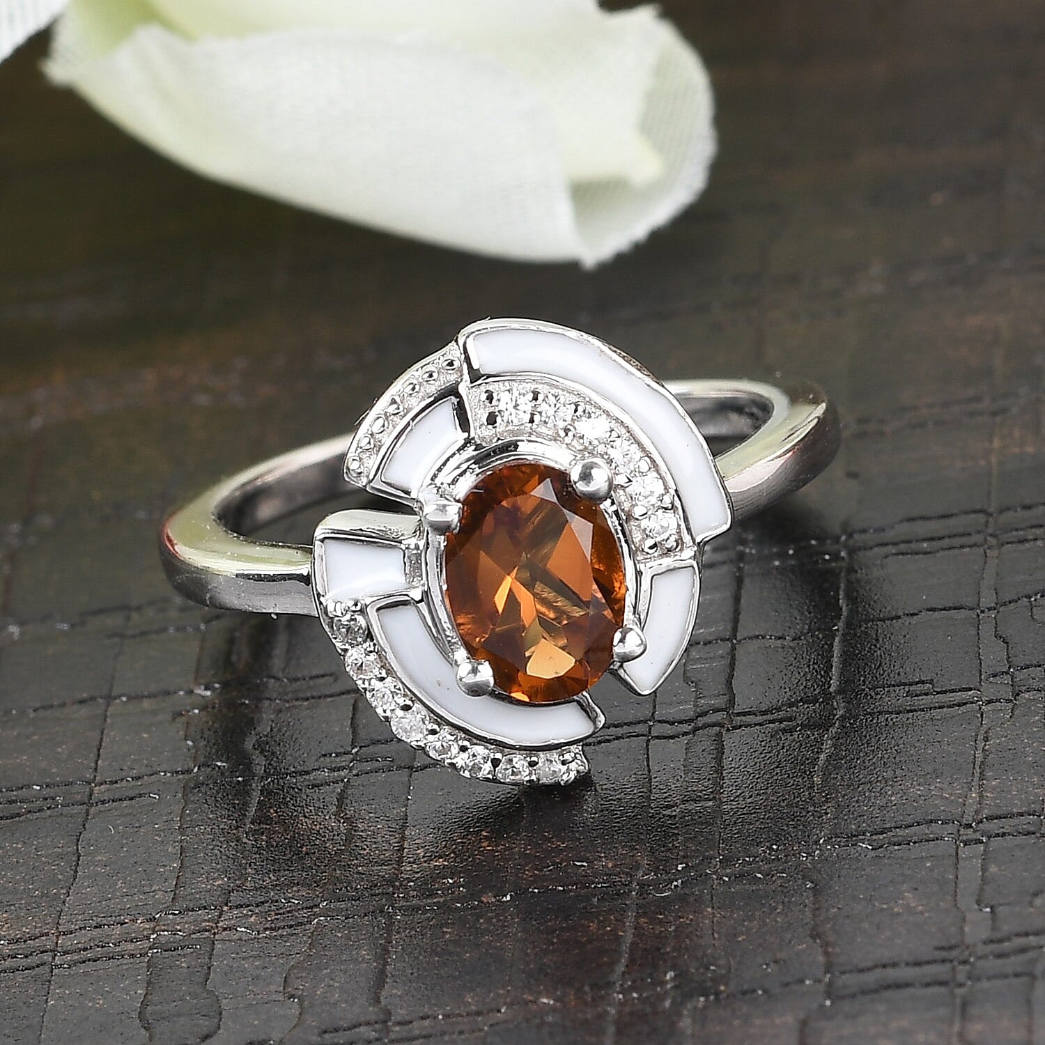 GP Art Deco Collection - Serra Gaucha Citrine, Natural Cambodian Zircon and Multi Gemstone Enamelled Ring in Platinum Overlay Sterling Silver