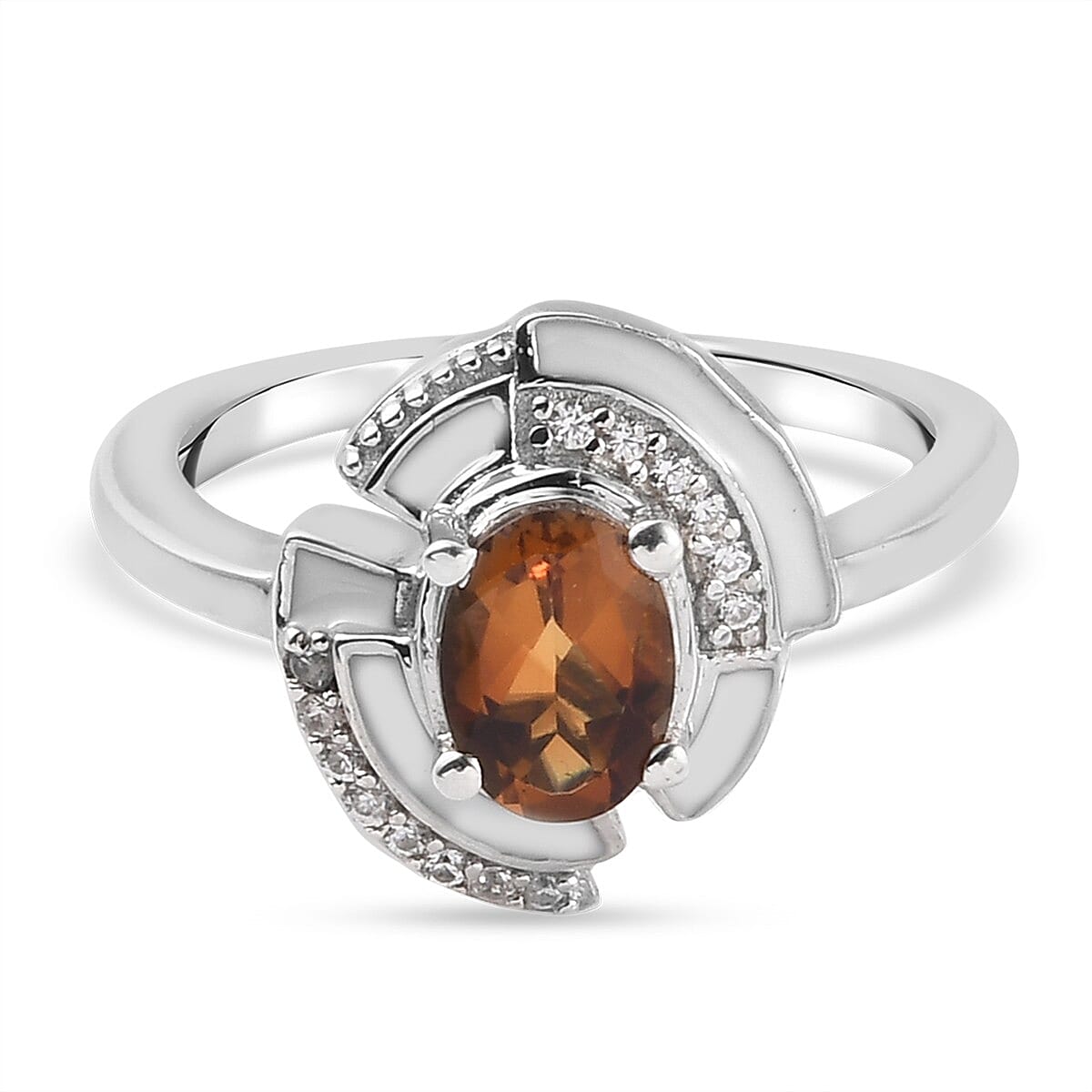 GP Art Deco Collection - Serra Gaucha Citrine, Natural Cambodian Zircon and Multi Gemstone Enamelled Ring in Platinum Overlay Sterling Silver