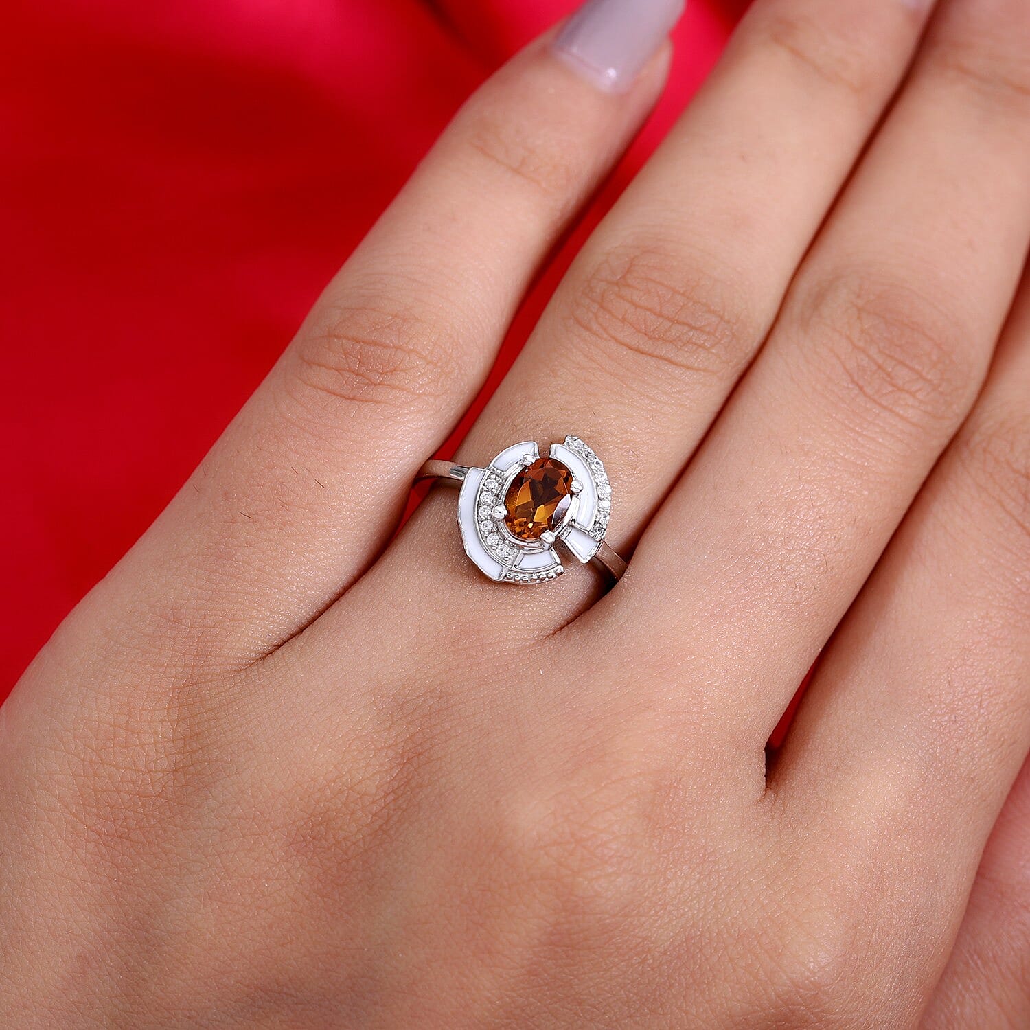 GP Art Deco Collection - Serra Gaucha Citrine, Natural Cambodian Zircon and Multi Gemstone Enamelled Ring in Platinum Overlay Sterling Silver